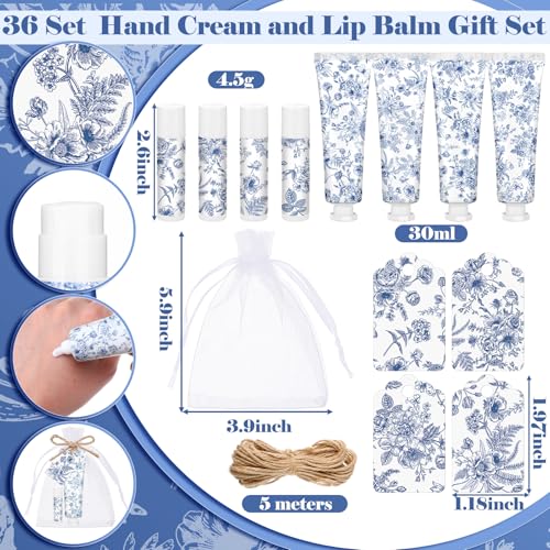 Loopeer 36 Sets Blue Floral Bridal Shower Hand Cream and Lip Balm Gift Bulk Blue Flower Wedding Favors Travel Size Hand Lotion and Lip Balm Wedding Bridal Baby Shower Party Supplies for Guests