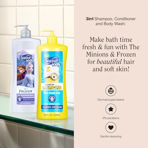 Suave Kids 3-in-1 Variety 2-Pack ??Minions Fresh Fun + Frozen Elsa Berry Flurry Tear-Free Shampoo, Conditioner & Body Wash, 28 Oz Ea