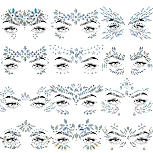 12 Sets Face Jewels Gems Mermaid Glitter Rhinestone Crystal Stickers Waterproof Eyes Temporary Tattoos for Party, Rave Festival, Carnival, Holiday Costumes, Accessories