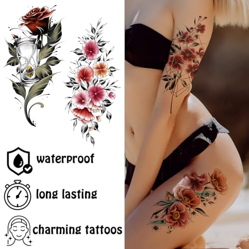 Cerlaza Temporary Tattoos for Women Adult, Realistic Flowers Half Arm Sleeve Tattoo, Waterproof Fake Tattoos, Semi Permanent Sexy Red Flower Tattoo Long Lasting-12 sheets