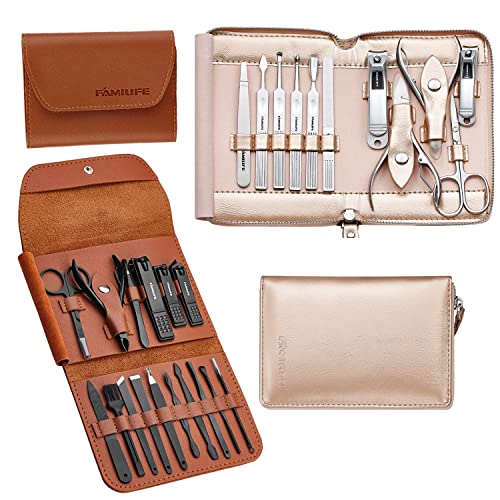 FAMILIFE Manicure Set Nail Clippers Pedicure Kit Manicure Kit Nail Clipper Set 16pcs Grooming Kit Brown and 11 in 1 Gift Set for Women and Men Nail Kit Manicure and Pedicure Set Nail Care Tools gifts