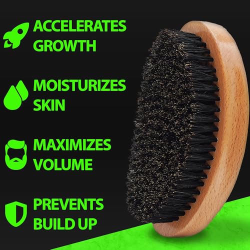 Beard Growth Kit w/ 100% Lifetime Replacement Boar Bristle Brush + GROW 11-in-1 Mens Shampoo & Conditioner (Hair Growth Shampoo for Men w/Biotin) + GROW XXL Beard Oil for Men (Made in America)