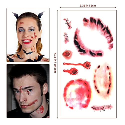 10 Sheets Halloween Zombie Makeup Temporary Tattoos, Realistic Fake Scar Bloody Wound Stitch Tattoo Stickers Waterproof for Halloween Party Cosplay