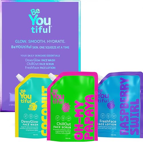 BeYoutiful 3 Step Teen Skin Care Kit, Easter Gifts for Kids, Face Wash Scrub Moisturizer Lotion, Skincare Gift Set for Tweens Kids in Trendy Pouches, Vegan, Easter Basket Stuffers