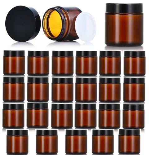 24 Pack 4oz Amber Glass Jars, Round Empty Cosmetic Jars with with Black Lids and Inner Liners, Reusable Glass Travel Containers for Homemade Creams, Candle, Skincare, Lotion