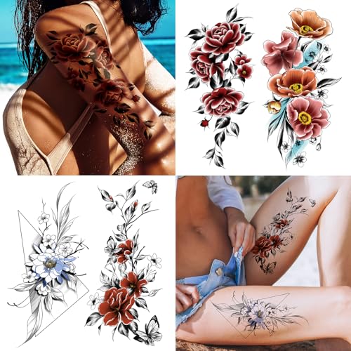 Cerlaza Temporary Tattoos for Women Adult, Realistic Flowers Half Arm Sleeve Tattoo, Waterproof Fake Tattoos, Semi Permanent Sexy Red Flower Tattoo Long Lasting-12 sheets
