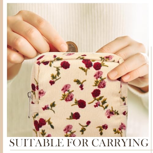 Abbylike 4 Pcs Floral Makeup Bag Cosmetic Bag with Zipper Portable Small Pouches for Purse Toiletry Mini Pouch Cute Mini Makeup Purse for Coin Essentials Items Women(Rose)