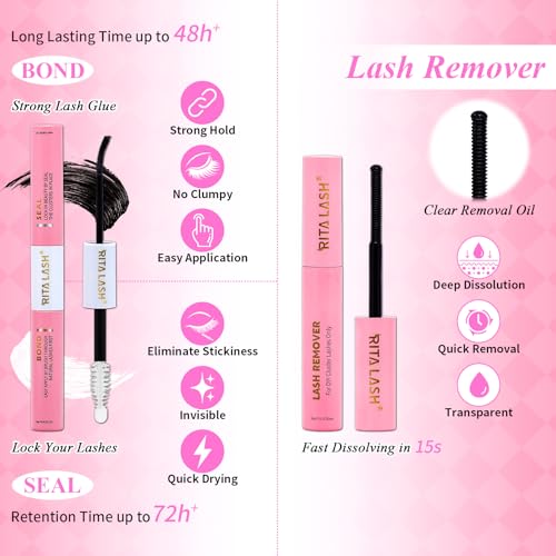 Lash Clusters Kit Eyelash Clusters Kit Cat Eye Lashes Large Pack Cluster Eyelash Extensions Lash Extension Kit Pesta?as Postizas Naturales with Lash Bond&Seal,Remover,Tweezers,Cleanser(Lash Kit-5)