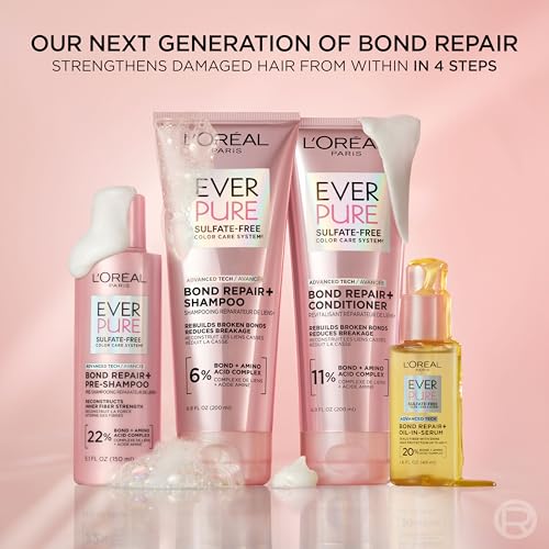 L'Oreal Paris Sulfate Free Bond Repair+ Shampoo, Hair Shampoo with Bond + Amino Acid Complex, Strengthens and Repairs Damaged or Color Treated Hair, EverPure, 6.8 Fl Oz (Packaging May Vary)