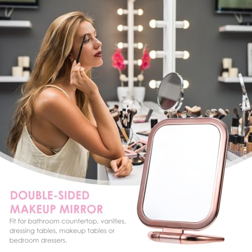 Travel Makeup Mirror Portable Folding Mirror Double Sided Tabletop Mirror Rose Gold Hand Vanity Mirror with Adjustable Stand