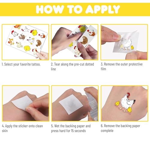 96 PCS Chicken Pre?Cut Temporary Tattoos Birthday Party Decorations Favors Supplies Yellow Chicken Farm Animals Decor Stickers For Girls Boys Gift School Prizes Rewards
