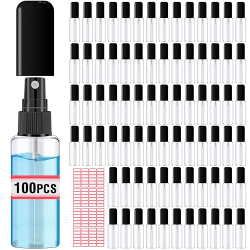 100 Pack 2oz/55ml Plastic Small Spray Bottles Mini Travel Spray Bottle with Black Cap Empty Fine Mist Spray Bottles Refillable Liquid Container for Perfumes Travel Makeup
