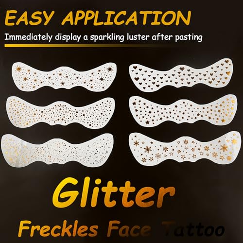 Glitter Gold Freckles Face Tattoo, Glow Up Makeup Patches - Face Glitter Speckles Patches - Cute Glitter Makeup Accessories for Women - Cosmetic Glitter for Face - 6 Sheets