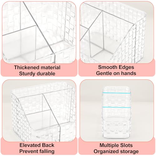 DASITON Makeup Brush Holder Organizer, 3 Slots Acrylic Makeup Brushes Storage Cup, Woven Texture Make Up Brush Holder for Vanity Bathroom Office, Pen Holder for Desk, Cosmetic Display Cases (Clear M)