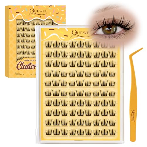 QUEWEL Self Adhesive Eyelashes, Pre Glued Eyelashes Clusters 90Pcs Manga Lashes No Glue Needed,D Curl Pre Glued Lashes With Tweezers for Cute Makeup ooks, Easy And Quick To Wear(ZZBP03)