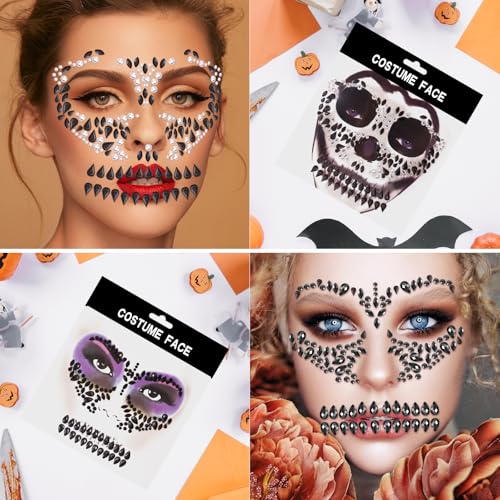 Erythem Skull Face Gems 6 Pack Day of the Dead Face Jewels Crystals Skeleton Face Gems for Halloween Festival Rave Party Makeup