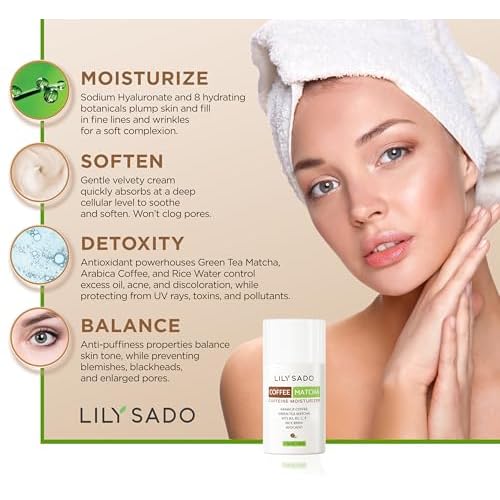 LILY SADO TEA+C¢â Coffee & Matcha Face Moisturizer - Natural Vegan Caffeine Facial Cream w Green Tea & Arabica Coffee Beans - Best Antioxidant, Anti-Wrinkle Moisturizing Lotion - Softens & Firms
