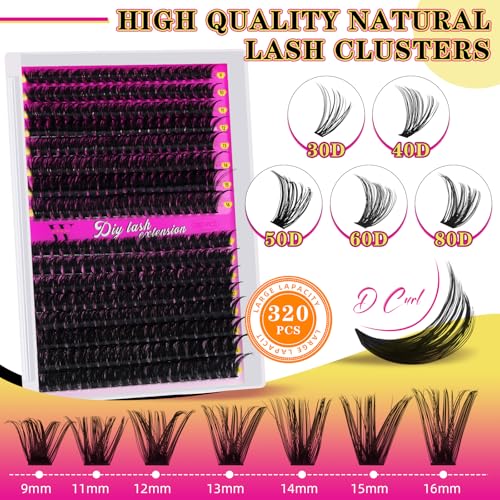 Lash Clusters 320PCS Individual Lashes D Curl Eyelash Clusters Mixed Length Cluster Eyelash Extensions Clusters Lashes with Thin Band Soft False Eyelashes DIY at Home(60D+80D,D-Mix9-16mm)