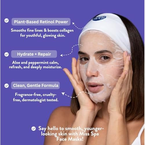 MISS SPA Anti-Aging Bakuchiol Repairing Facial Sheet Mask, Plant-Based Retinol, Hydrating Skin Care, Dermatologist Tested, 4 Pack