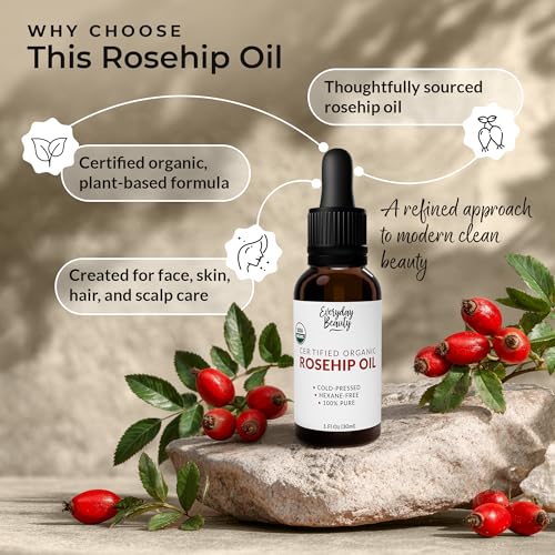 Organic Rosehip Seed Oil | 100% Pure, Cold-Pressed, Unrefined | USDA Certified Organic | Amber Glass Bottle with Glass Dropper | For Face, Skin & Hair - 1 Fl Oz