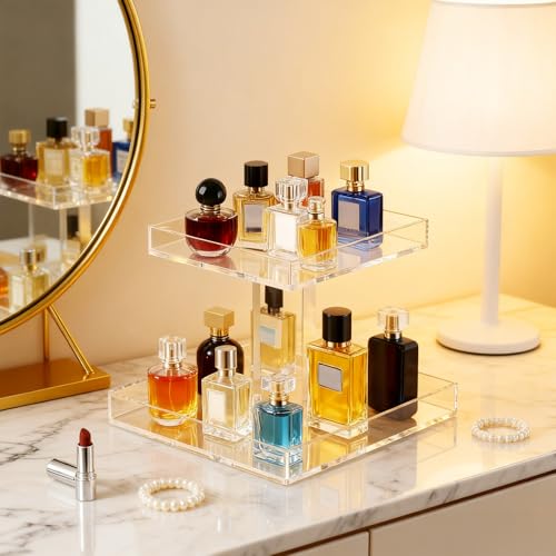2-Tier Acrylic Bathroom Cosmetic Storage Organizer for Dresser and Countertop Standing Perfume Tray for Bedroom Decor