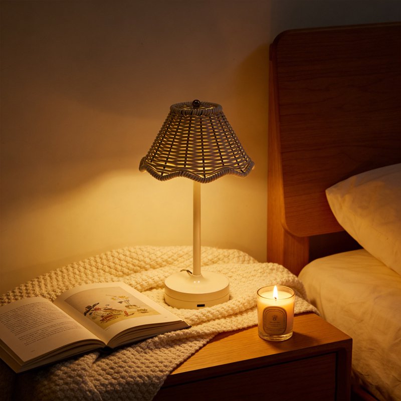 Rattan LED Table Lamp - Rechargeable Dimmable Touch Bedside Desk Light