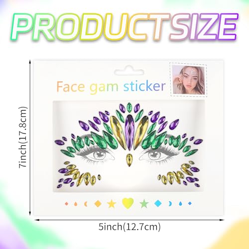 2 Sheets Mardi Gras Face Gems Jewels Stickers, Self-Adhesive Mardi Gras Eye Gems Sticker, Purple Green Gold Glitter Crystals Decoration, Mardi Gras Outfit for Women Party Costume Cosplay Makeup