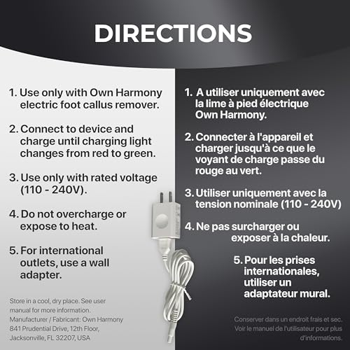 Own Harmony Charging Adaptor for Electric Foot Callus Remover Models CR900, CR2100, CR1700 - USB Charger Works Only with Nail Care Kit & Pedicure Tools by Own Harmony