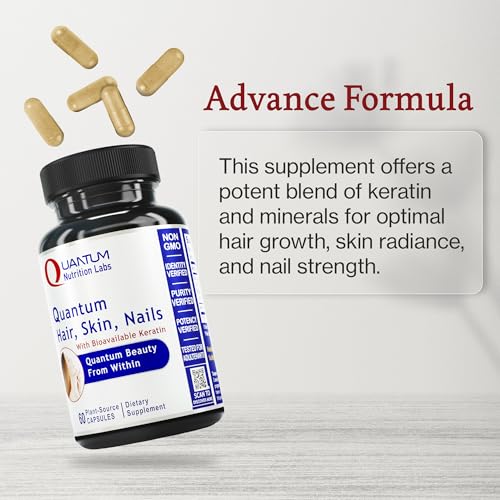 Quantum Nutrition Labs Hair Skin and Nails - Keratin Supplement, Hair Growth Supplement for Women & Men with Magnesium, Calcium, Beauty from Within for Hair, Skin and Nails - 60 Vegetarian Capsules
