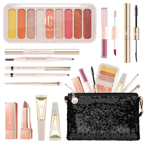 Color Nymph Full Cosmetics Set for Beginner, Makeup Gift Kit for Girls, Women & Teens, Sequin Make up Bag for Starters Includes Lip Gloss, Lipstick, Liquid Blush, Eye shadow Palette, Mascara etc