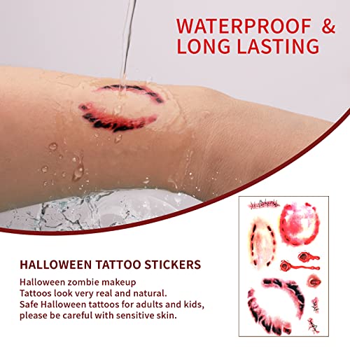 10 Sheets Halloween Zombie Makeup Temporary Tattoos, Realistic Fake Scar Bloody Wound Stitch Tattoo Stickers Waterproof for Halloween Party Cosplay