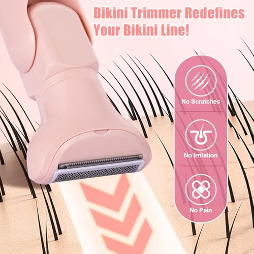 Bikini Trimmer for Women, 5 in 1 Rechargeable Electric Razors Waterproof Wet/Dry Use Body Hair Trimmer for Women & Men Pubic Hair, Private Area, Legs, Face, Nose, Eyebrow, Body (Pink)