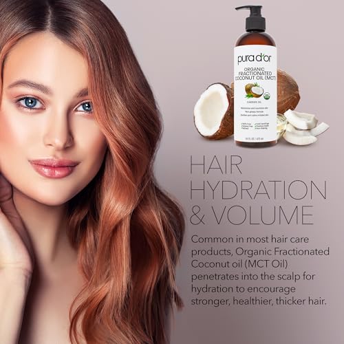 PURA D'OR 16 Oz ORGANIC Fractionated Coconut Oil ? USDA Certified ? MCT Oil ? Therapeutic, Hydrating, Lightweight Moisturizer ? Hexane Free Carrier Oil For Essential Oils & Massage ? Face, Hair & Body