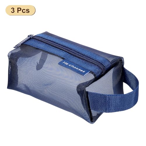 uxcell Mini Zipper Mesh Bag 2" x 4", 3 Pcs Nylon Small Makeup Zipper Mesh Pouch Cosmetic Case Mesh Storage Bags for Earphone, Credit Card, Dark Blue