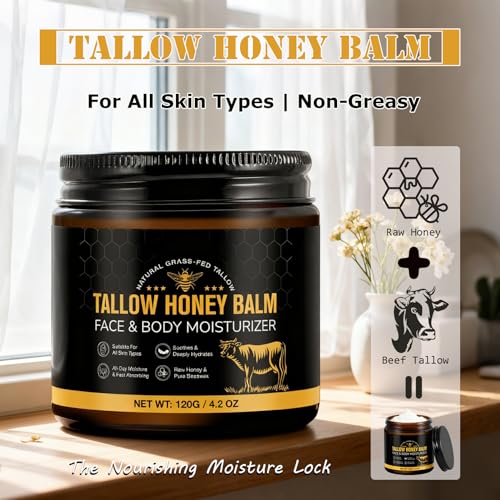Tallow Honey Balm (4.2 OZ)-Natural Formula with Organic Grass-Fed Beef Tallow & Raw Wild Honey,Moisturizer& Non-Greasy Hydration for Face and Body