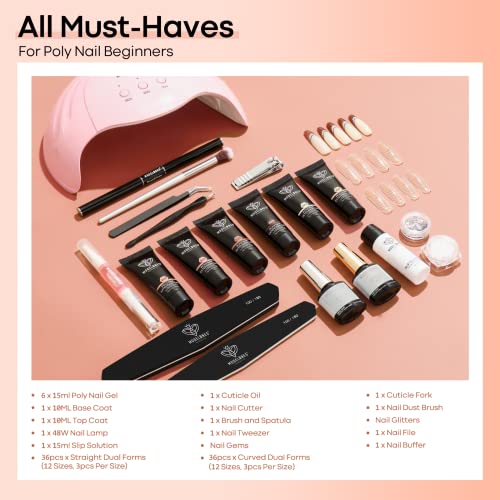 Modelones Poly Nail Gel Kit with 48W Nail Lamp 6 Colors Nude Skin Tones Nail Extension Gel Kit Slip Solution Rhinestones Glitter Kit for Nail Manicure Beginner Starter Kit DIY at Home Gift