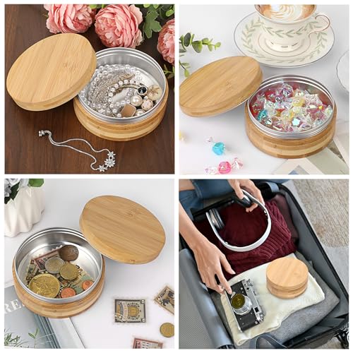 ELLDOO Body Powder Puff and Container, 10oz Empty Bamboo Case with Aluminum Inner Jar, Travel Loose Dusting Powder Storage Box with 2pcs Powder Puffs for Baby Women