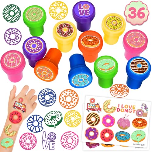 36PCS Donut Party Favors - 24PCS Temporary Tattoos & 12PCS Stamps - Ideal Sweet Doughnut Themed Birthday Card Decorations Supplies Goodie Bag Cute Rewards for Boys Girls Classroom Gifts Baby Shower