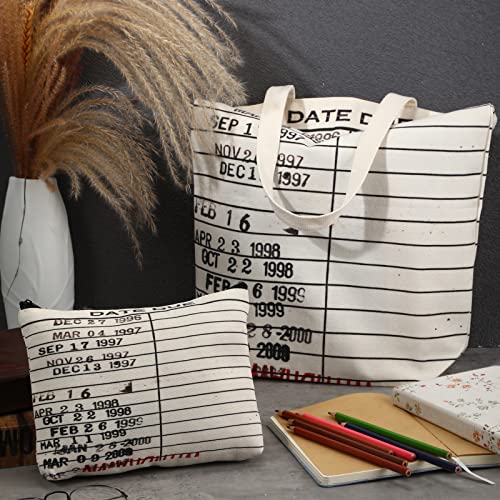 Sieral 6 Pcs Librarian Gifts for Women Library Book Tote Bag Due Date Cards Librarian Gifts Stamp Canvas Vintage Toiletry Bag Aesthetic with Zipper for Book Lovers Women Teacher Valentine