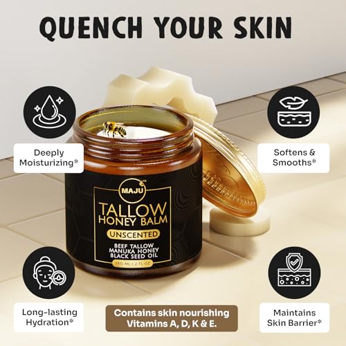 MAJU Beef Tallow Manuka Honey Balm, Unscented (2 oz), Grass-Fed Beef Tallow for Skin with Organic Black Seed Oil, Manuka Honey and Organic Beeswax, Skin and Face Moisturizer for Deep Hydration