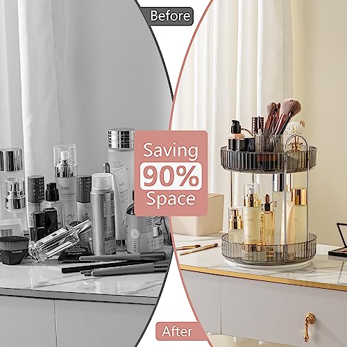 360 Rotating Makeup Organizer, Large Capacity Bathroom Organizer Countertop, 2 Tiers Make Up Organizers and Storage for Vanity, for Perfume, Skincare, Cosmetics, Lipsticks, Smoky Gray