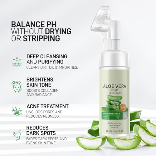 Soothing and Deep Cleansing Foaming Cleanser with Brush | Premium Face Wash for All Skin Types with Aloe Vera and Amino Acid | Fragrance Free Paraben Free | 5.27 Fl Oz