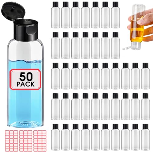 50 Pack Empty 3.4 oz Travel Bottles Tsa Approved Leakproof Plastic Squeezable Small Bottles for Toiletries Liquids Travel Essentials with Black Flip Cap