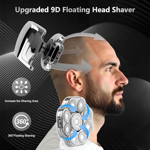 9D Bald Head Shaver for Bald Men, 5-in-1 Electric Razor for Men, Cordless Rechargeable & Waterproof Head Shaver for Wet/Dry Shave with Nose Hair Trimmer, Massager, LED Display