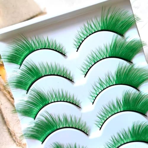 False Lashes Natural Lashes 5 Pairs Cat Eye Fluffy False Eyelashes for Halloween, Cosplay, Party, Stage Makeup (Green)