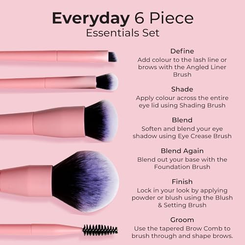 MCoBeauty - Everyday 6 Piece Essentials Brush Set - Complete Makeup Brush Collection for Face, Eyes & Brows, Soft Synthetic Bristles - Makeup Brushes Set, Brochas para Maquillaje