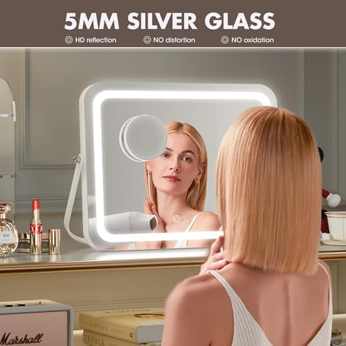 Hasipu Vanity Mirror with Lights, 14" x 10" LED Makeup Mirror, 3 Modes Light, Smart Touch Control Dimmable, 360¡ÆRotation, Rectangle White Frame, with 5X Magnifying Glass
