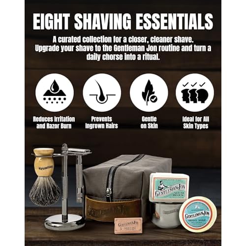 Gentleman Jon Deluxe Vintage Shaving Kit for Men - Men's Shaving Set Gifts, Compact Design, Includes Safety Razor and Brush Stand, Brush, Potassium Alum Block, Soap, Stainless Bowl, Stand & Dopp Kit