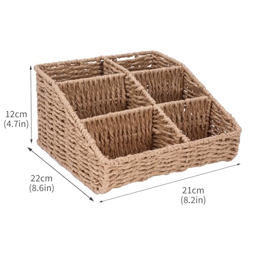 Makeup Organizer, Hand-woven Wicker Basket for Dresser Vanity and Bathroom Countertop, 6 Compartment Skincare Organizer Cosmetic Display Case, Beauty Holder for Lipstick Brush Eyeshadow Palette