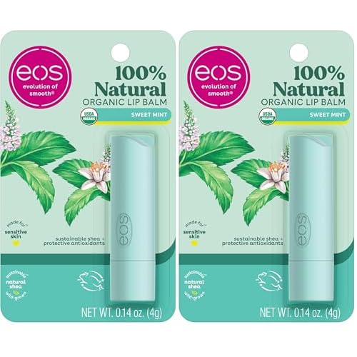 eos 100% Natural & Organic Lip Balm- Sweet Mint, Dermatologist Recommended, All-Day Moisture Lip Care, Made for Sensitive Skin, 0.14 oz (Pack of 2)